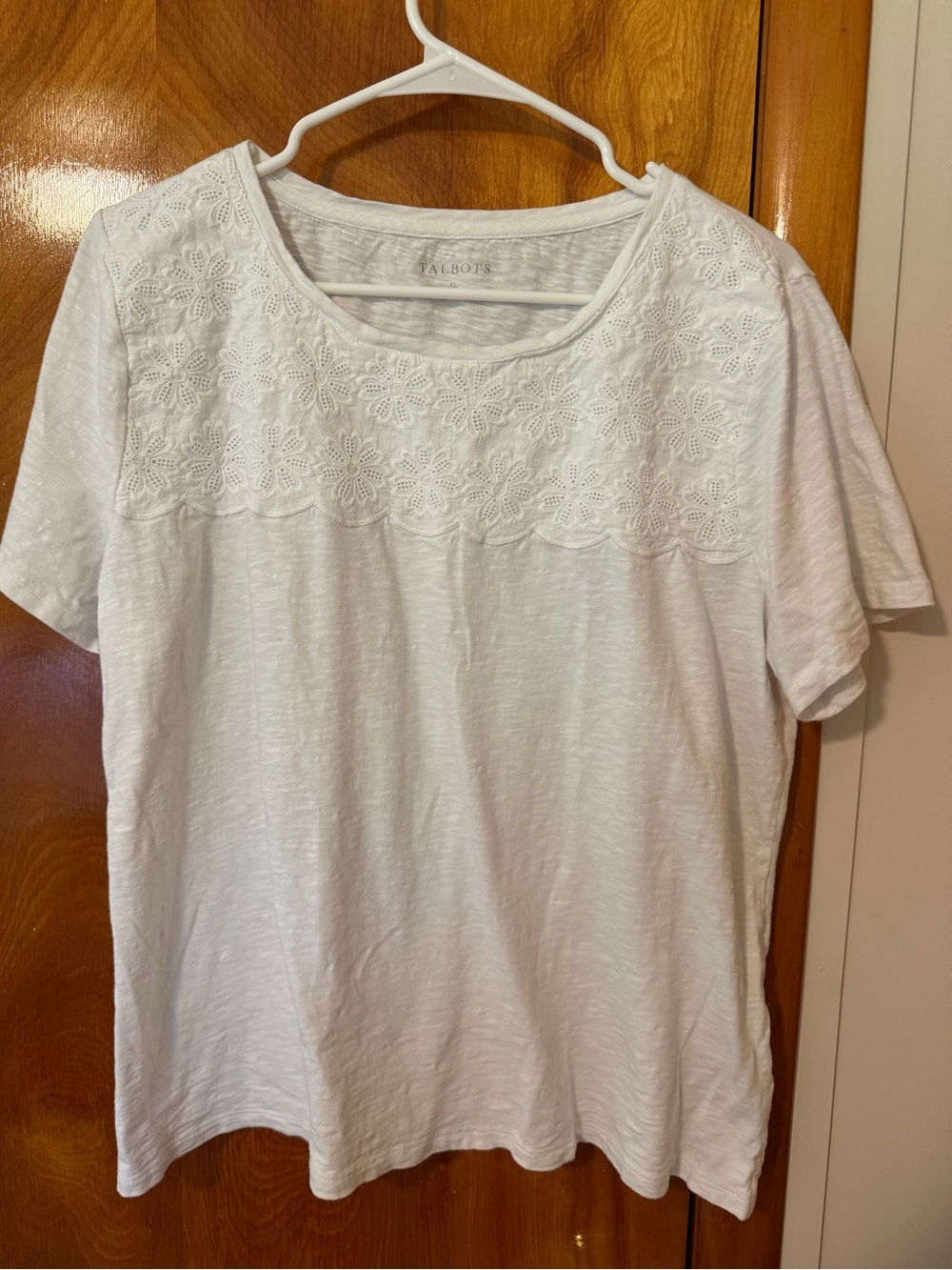 Talbots White Floral Eyelet Yoke Short Sleeve Tee